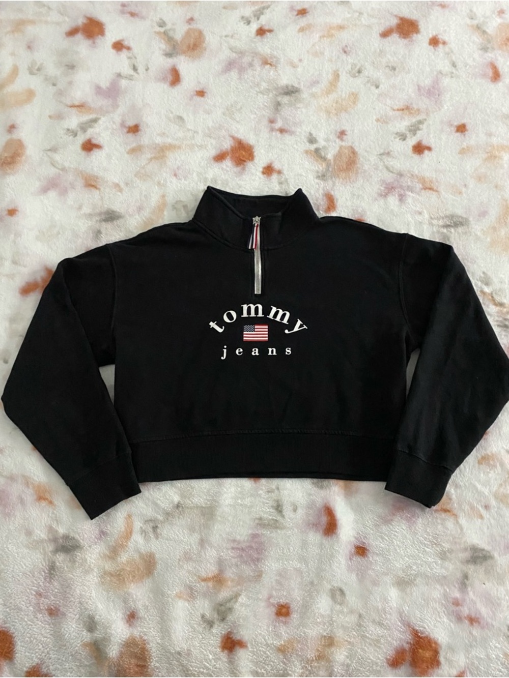 Tommy Hilfiger Black Cropped Half-Zip Sweatshirt with Logo